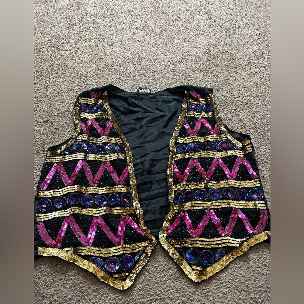 Vintage Sequined Beaded Vest in Black, Gold & Fuchsia